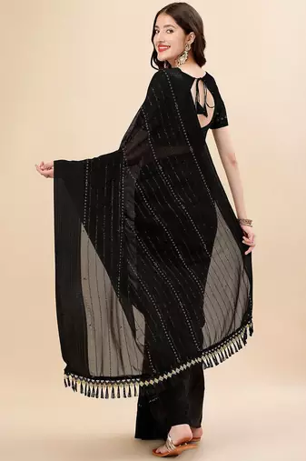 black black striped beads and stones pure chiffon saree