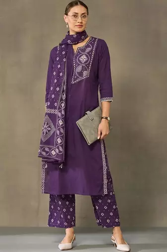 women embroidered regular thread work cotton kurta with palazzos & with dupatta
