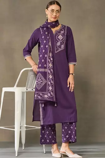 women embroidered regular thread work cotton kurta with palazzos & with dupatta