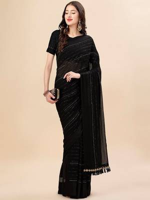 black black striped beads and stones pure chiffon saree 4