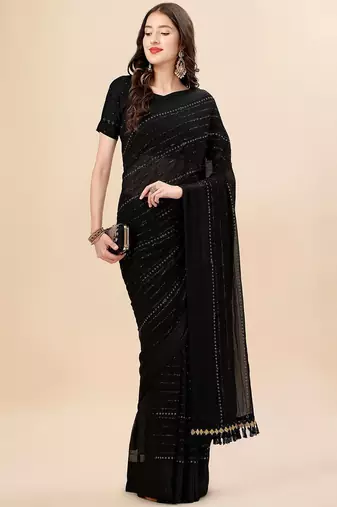 black black striped beads and stones pure chiffon saree