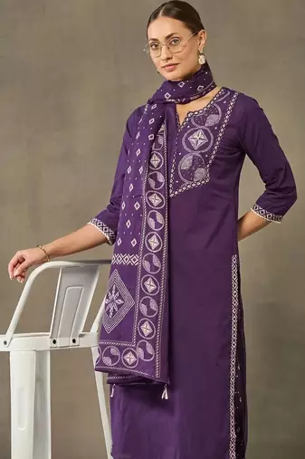 women embroidered regular thread work cotton kurta with palazzos & with dupatta