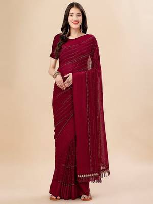 maroon maroon beads and stones embellished pure chiffon saree 1