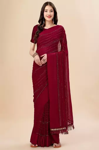 maroon maroon beads and stones embellished pure chiffon saree