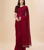 maroon maroon beads and stones embellished pure chiffon saree