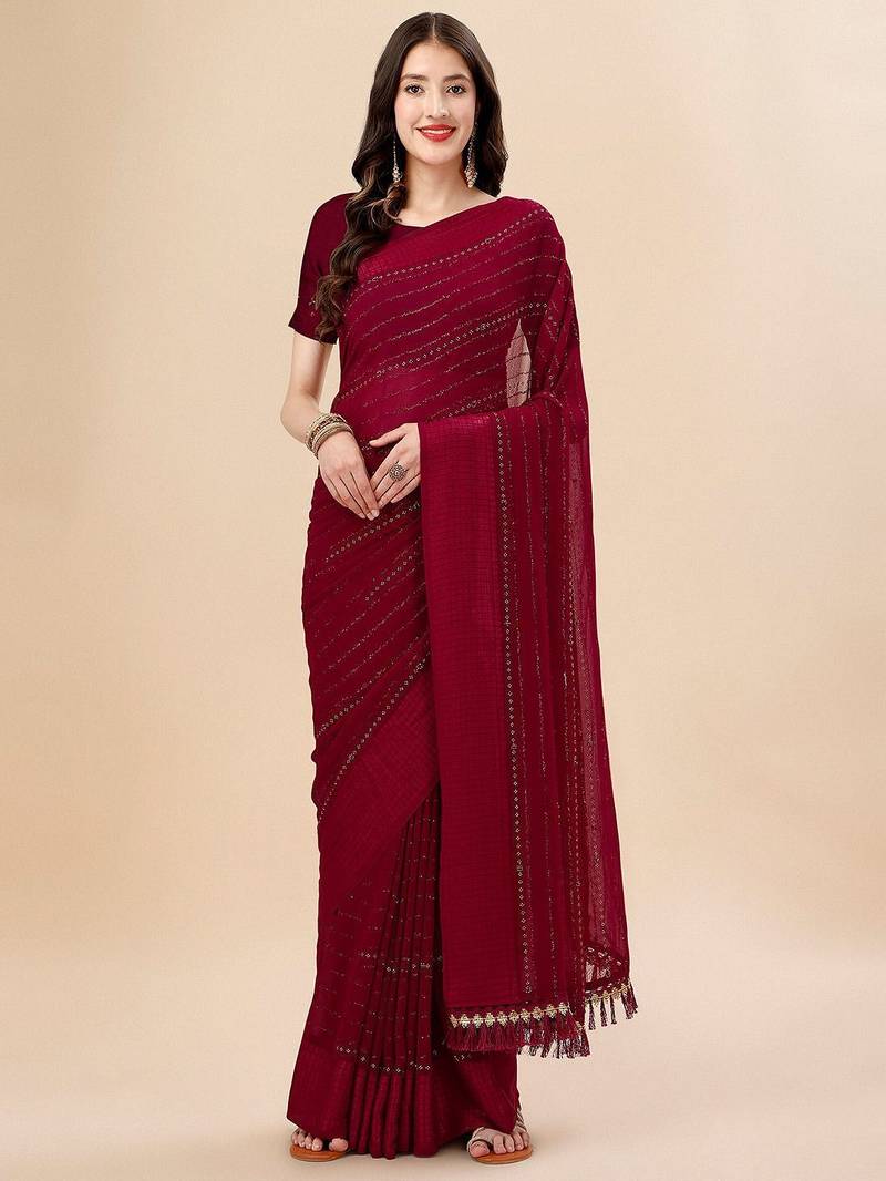 maroon maroon beads and stones embellished pure chiffon saree