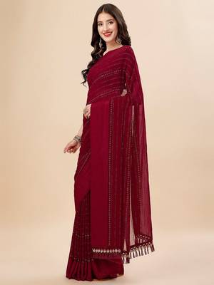 maroon maroon beads and stones embellished pure chiffon saree 2