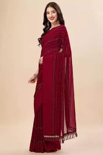 maroon maroon beads and stones embellished pure chiffon saree