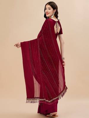 maroon maroon beads and stones embellished pure chiffon saree 3