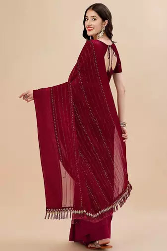maroon maroon beads and stones embellished pure chiffon saree