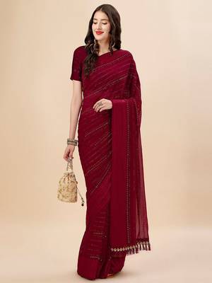 maroon maroon beads and stones embellished pure chiffon saree 4