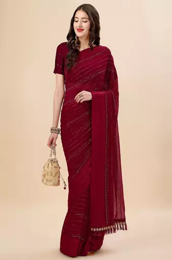 maroon maroon beads and stones embellished pure chiffon saree