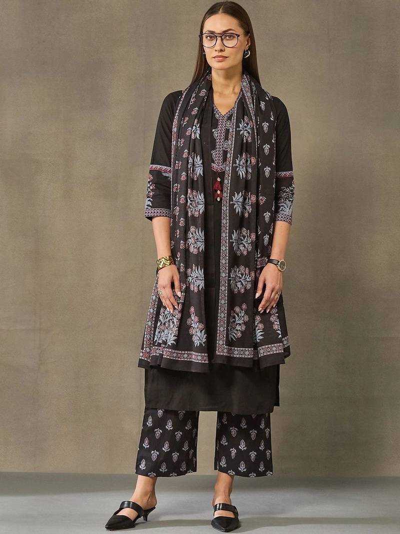 women ethnic motifs regular cotton kurta with palazzos & with dupatta