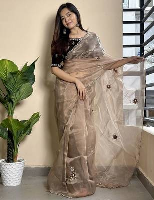 brown embroidered ethnic motifs  organza saree 3
