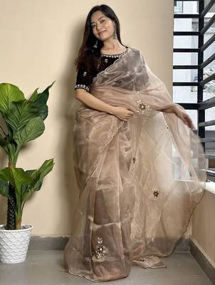 brown embroidered ethnic motifs  organza saree 4
