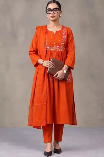 floral embroidered empire thread work cotton kurta with trousers & dupatta