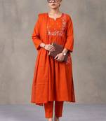 floral embroidered empire thread work cotton kurta with trousers & dupatta