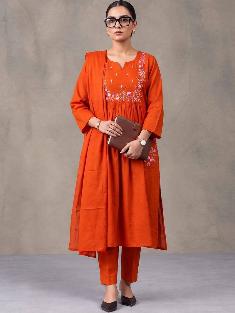 floral embroidered empire thread work cotton kurta with trousers & dupatta