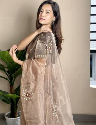 brown embroidered ethnic motifs  organza saree 5