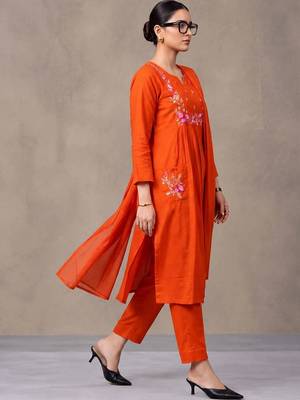 floral embroidered empire thread work cotton kurta with trousers & dupatta 2