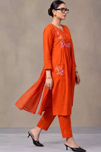 floral embroidered empire thread work cotton kurta with trousers & dupatta