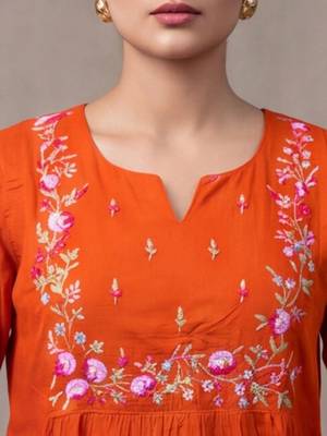 floral embroidered empire thread work cotton kurta with trousers & dupatta 4