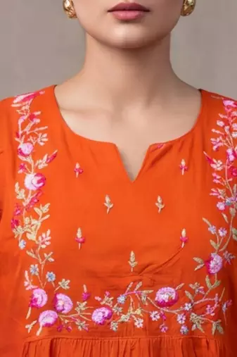 floral embroidered empire thread work cotton kurta with trousers & dupatta