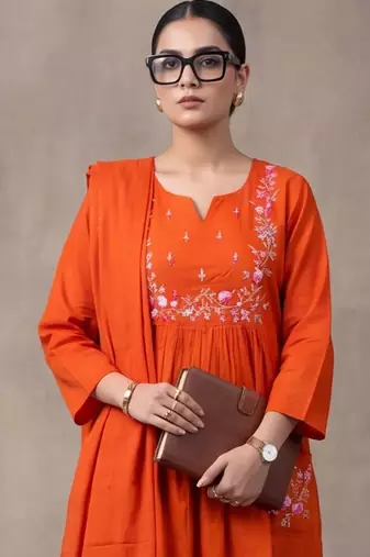 floral embroidered empire thread work cotton kurta with trousers & dupatta