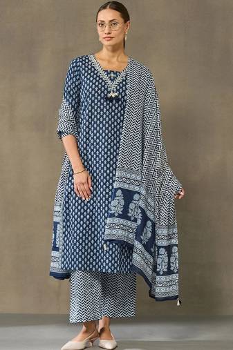 women ethnic motifs printed regular cotton kurta with palazzos & with dupatta
