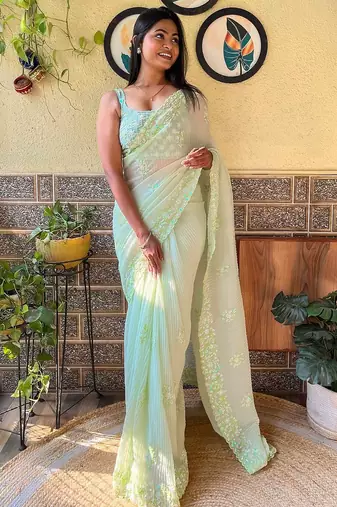 green embellished sequinned designer saree