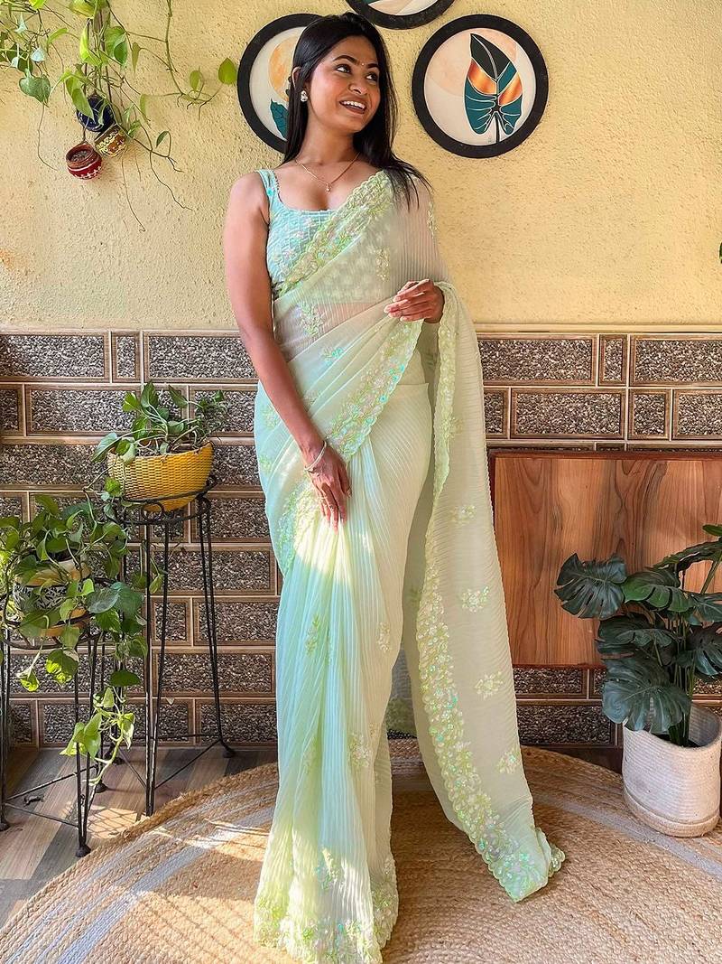 green embellished sequinned designer saree