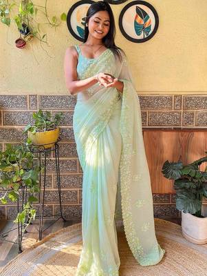 green embellished sequinned designer saree 2