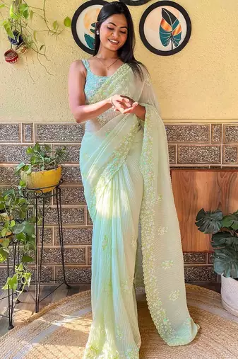 green embellished sequinned designer saree
