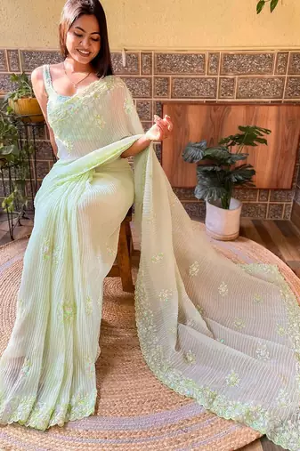 green embellished sequinned designer saree