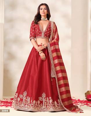 Red Art Silk Semi Stitched Lehenga Choli with Embroidery Work 1