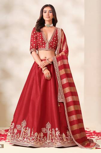 Red Art Silk Semi Stitched Lehenga Choli with Embroidery Work