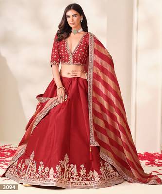 Red Art Silk Semi Stitched Lehenga Choli with Embroidery Work 2
