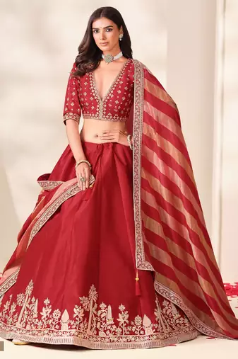 Red Art Silk Semi Stitched Lehenga Choli with Embroidery Work
