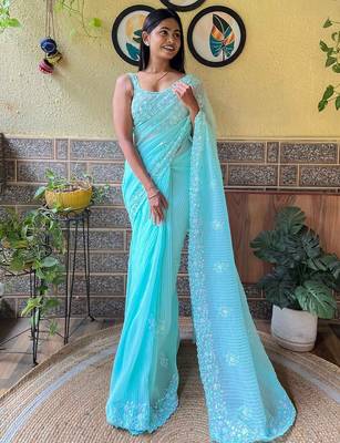 blue embellished sequinned designer saree 1