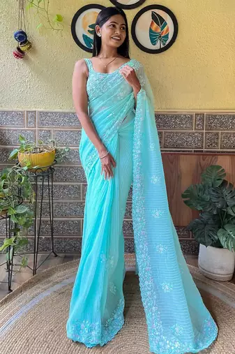 blue embellished sequinned designer saree