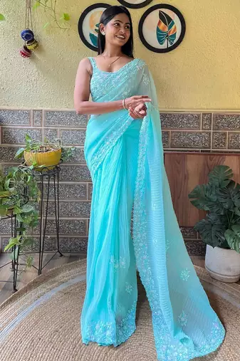 blue embellished sequinned designer saree