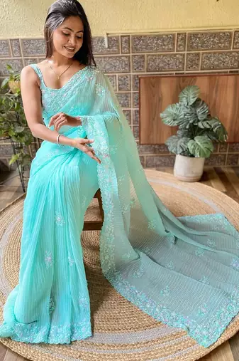blue embellished sequinned designer saree