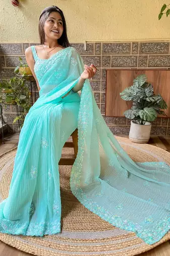 blue embellished sequinned designer saree