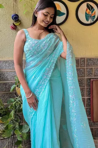 blue embellished sequinned designer saree