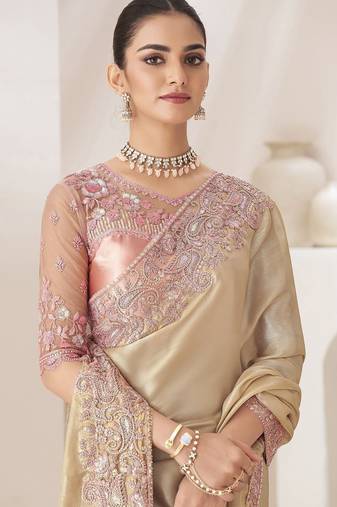 cream embellished sequinned pure chiffon saree