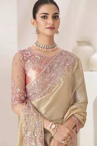 cream embellished sequinned pure chiffon saree