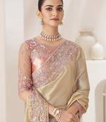 cream embellished sequinned pure chiffon saree