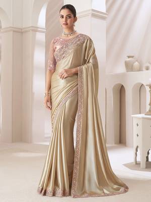 cream embellished sequinned pure chiffon saree 2