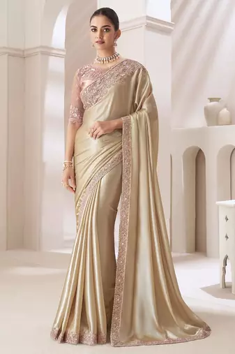 cream embellished sequinned pure chiffon saree