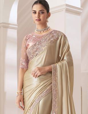 cream embellished sequinned pure chiffon saree 3